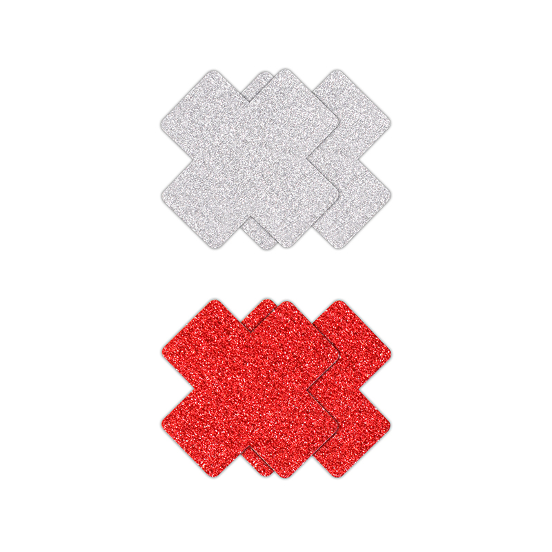 Pretty Pasties - Glitter Cross - Red/Silver - 2 Pair